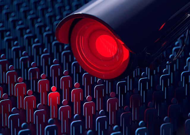 Illustration of CCTV camera pointing at rows of people icons - Cookiebot