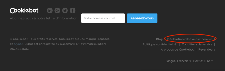 Déclaration relative aux cookies, site web de Cookiebot