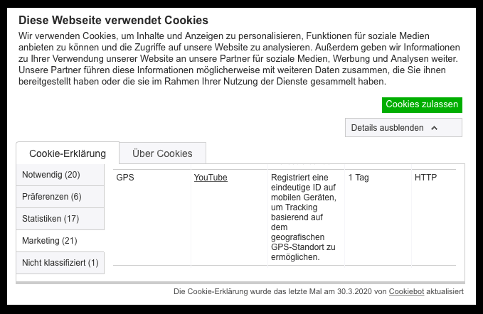 nicht korrekt implementierter Cookie-Banner von Cookiebot