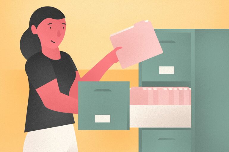 Illustration of a hand placing a file into a filing cabinet - Cookiebot