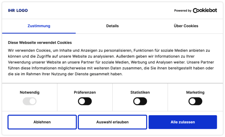 Cookiebot's Banner zur Cookie-Zustimmung, das Ihre Website vollständig mit den DSGVO- und EDPB-Richtlinien konform macht.